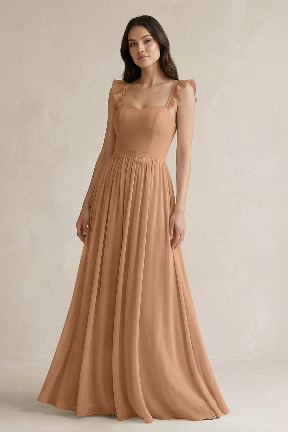 Ruffled Spaghetti Strap Chiffon A - Line Bridesmaid Dress in Bronzer - SHE IS ME Bridesmaid Dresses