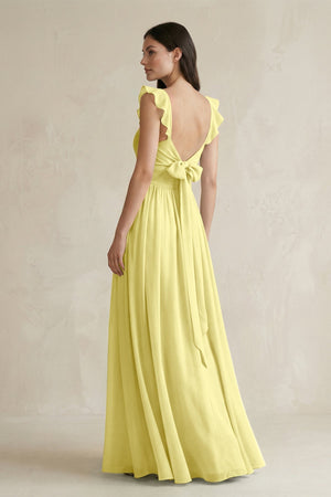 Ruffled Spaghetti Strap Chiffon A - Line Bridesmaid Dress in Buttercup - SHE IS ME Bridesmaid Dresses
