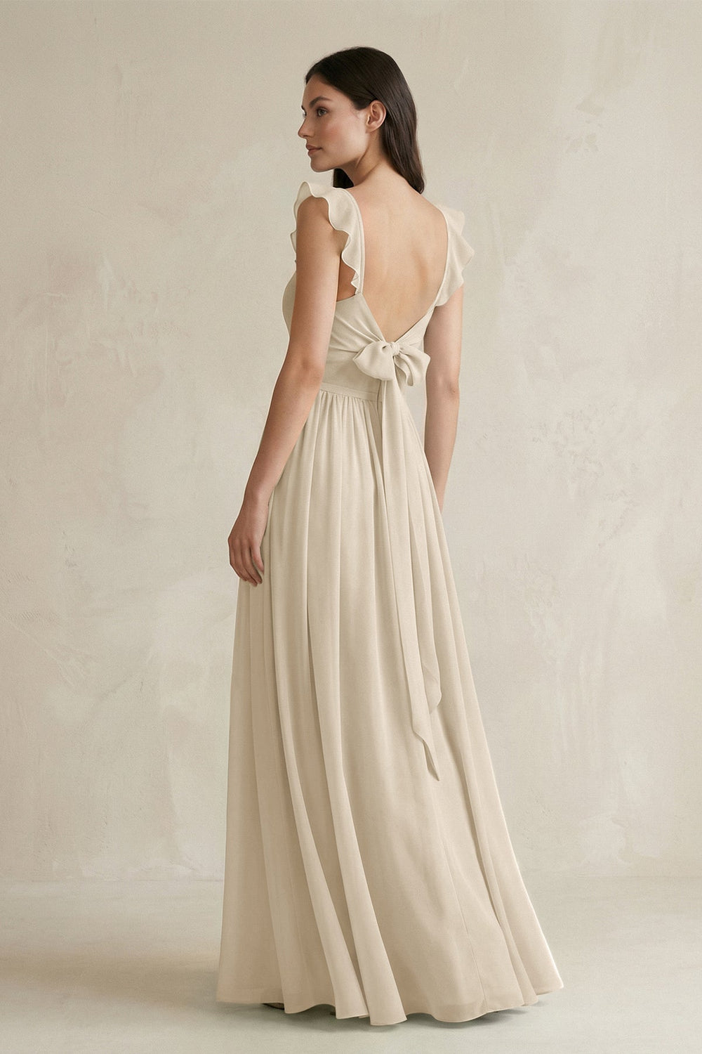 Ruffled Spaghetti Strap Chiffon A - Line Bridesmaid Dress in Champagne - SHE IS ME Bridesmaid Dresses