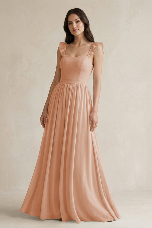 Ruffled Spaghetti Strap Chiffon A - Line Bridesmaid Dress in Champagne Rose - SHE IS ME Bridesmaid Dresses