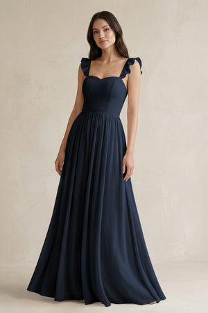 Ruffled Spaghetti Strap Chiffon A - Line Bridesmaid Dress in Dark Navy - SHE IS ME Bridesmaid Dresses
