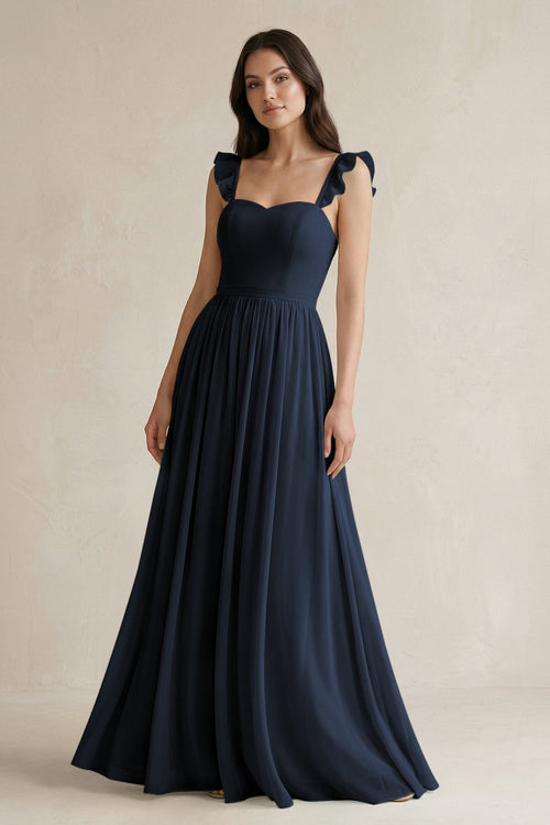 Ruffled Spaghetti Strap Chiffon A - Line Bridesmaid Dress in Dark Navy - SHE IS ME Bridesmaid Dresses