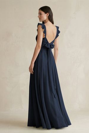Ruffled Spaghetti Strap Chiffon A - Line Bridesmaid Dress in Dark Navy - SHE IS ME Bridesmaid Dresses