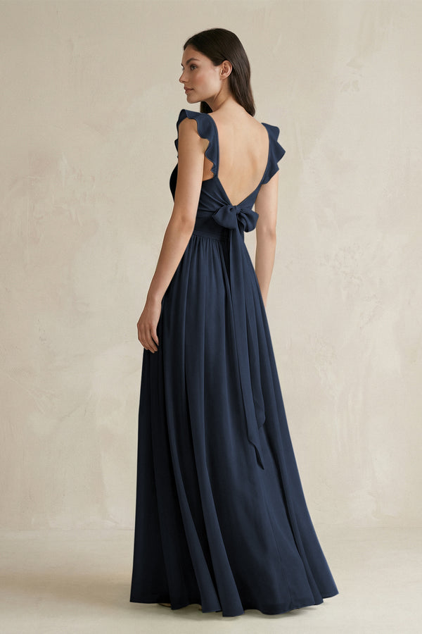 Ruffled Spaghetti Strap Chiffon A - Line Bridesmaid Dress in Dark Navy - SHE IS ME Bridesmaid Dresses