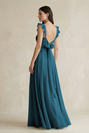 Ruffled Spaghetti Strap Chiffon A - Line Bridesmaid Dress in Dark Teal - SHE IS ME Bridesmaid Dresses