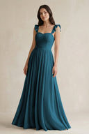 Ruffled Spaghetti Strap Chiffon A - Line Bridesmaid Dress in Dark Teal - SHE IS ME Bridesmaid Dresses
