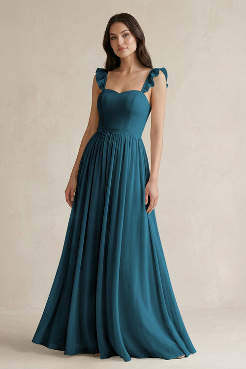 Ruffled Spaghetti Strap Chiffon A - Line Bridesmaid Dress in Dark Teal - SHE IS ME Bridesmaid Dresses
