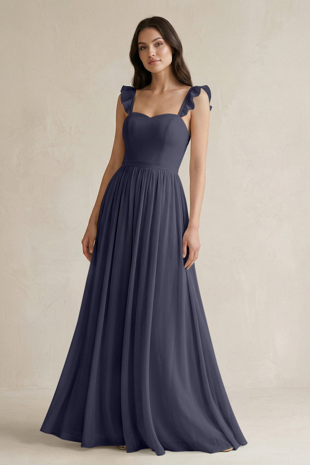 Ruffled Spaghetti Strap Chiffon A - Line Bridesmaid Dress in Dusk Blue - SHE IS ME Bridesmaid Dresses