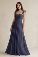 Ruffled Spaghetti Strap Chiffon A - Line Bridesmaid Dress in Dusk Blue - SHE IS ME Bridesmaid Dresses
