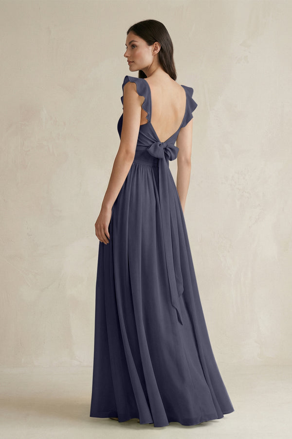 Ruffled Spaghetti Strap Chiffon A - Line Bridesmaid Dress in Dusk Blue - SHE IS ME Bridesmaid Dresses