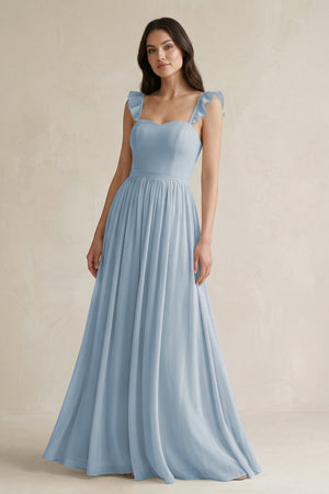Ruffled Spaghetti Strap Chiffon A - Line Bridesmaid Dress in Dusty Blue - SHE IS ME Bridesmaid Dresses