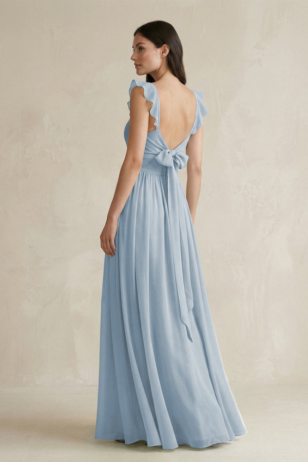 Ruffled Spaghetti Strap Chiffon A - Line Bridesmaid Dress in Dusty Blue - SHE IS ME Bridesmaid Dresses