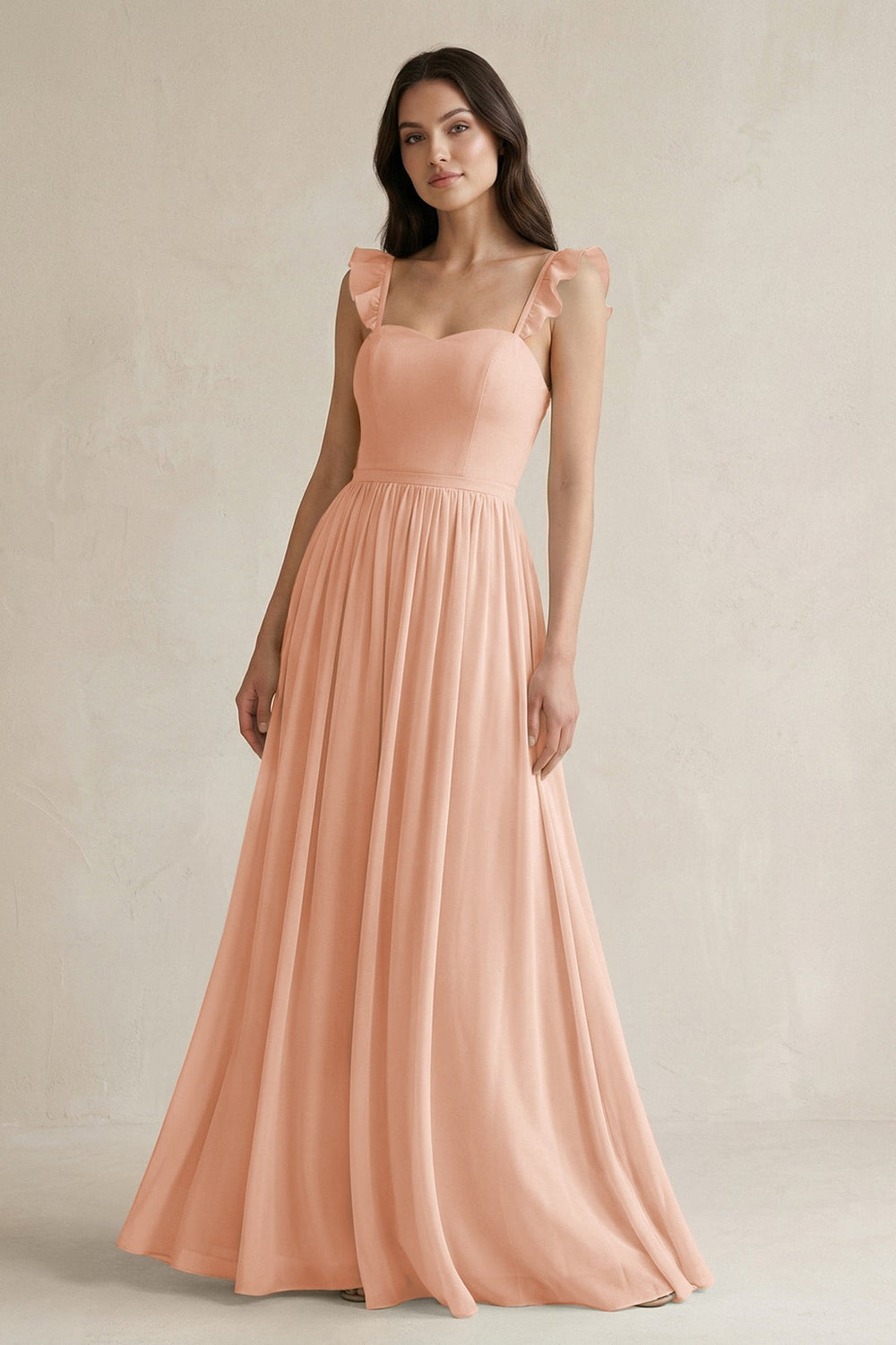 Ruffled Spaghetti Strap Chiffon A - Line Bridesmaid Dress in English Rose - SHE IS ME Bridesmaid Dresses
