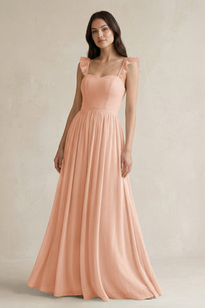 Ruffled Spaghetti Strap Chiffon A - Line Bridesmaid Dress in English Rose - SHE IS ME Bridesmaid Dresses