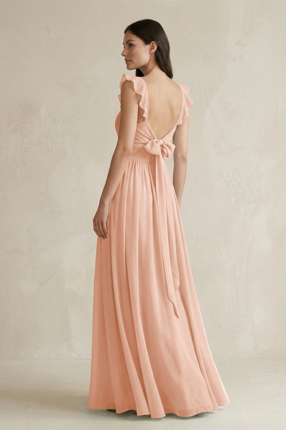 Ruffled Spaghetti Strap Chiffon A - Line Bridesmaid Dress in English Rose - SHE IS ME Bridesmaid Dresses