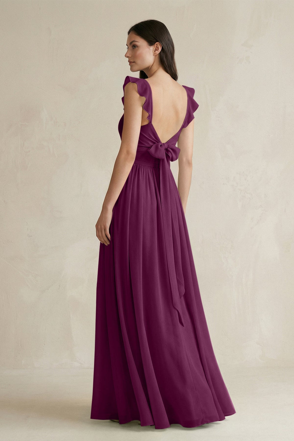 Ruffled Spaghetti Strap Chiffon A - Line Bridesmaid Dress in Fig - SHE IS ME Bridesmaid Dresses