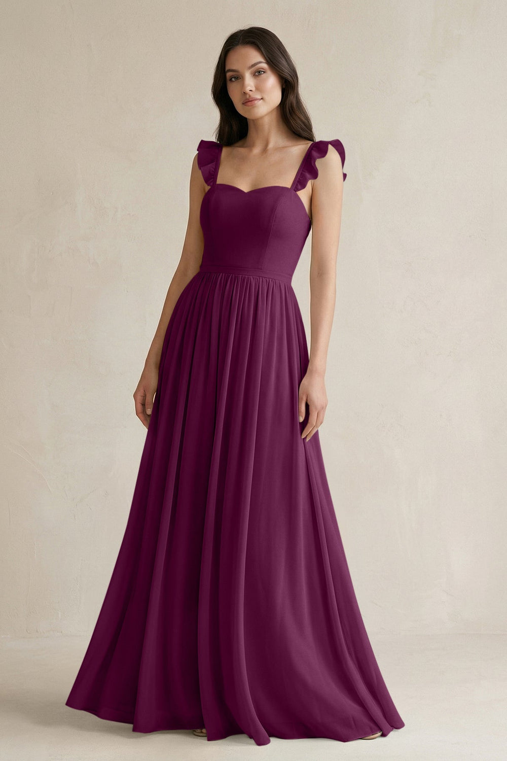 Ruffled Spaghetti Strap Chiffon A - Line Bridesmaid Dress in Fig - SHE IS ME Bridesmaid Dresses