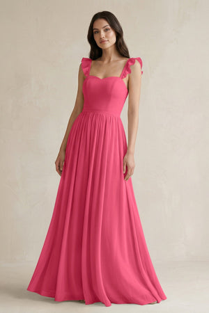 Ruffled Spaghetti Strap Chiffon A - Line Bridesmaid Dress in Fuchsia - SHE IS ME Bridesmaid Dresses