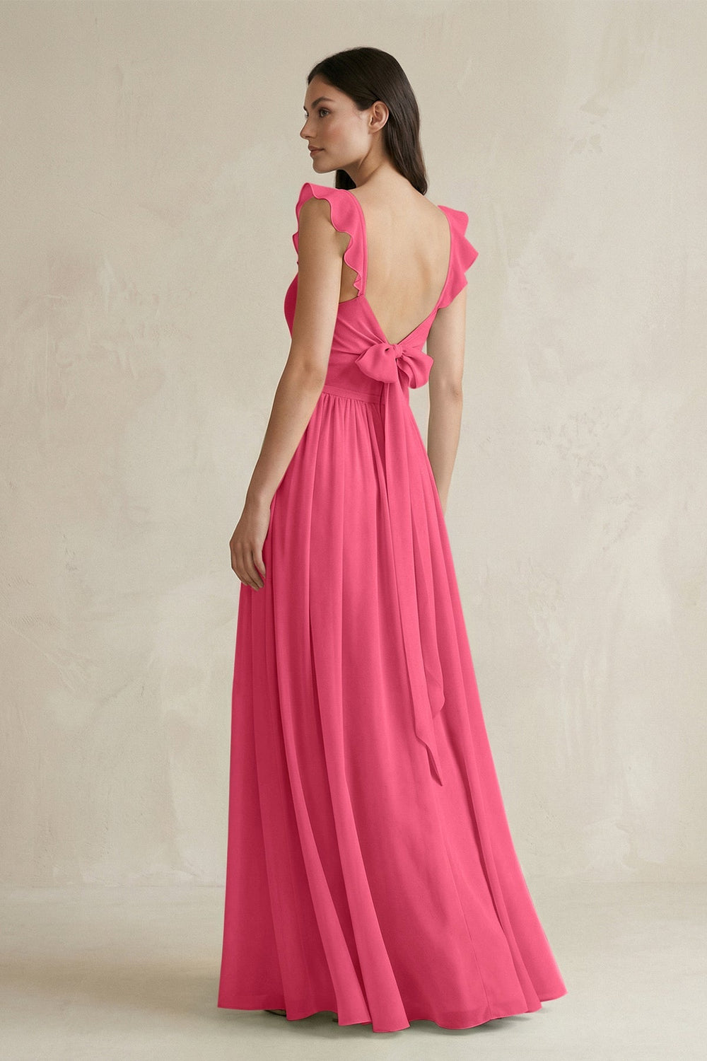 Ruffled Spaghetti Strap Chiffon A - Line Bridesmaid Dress in Fuchsia - SHE IS ME Bridesmaid Dresses