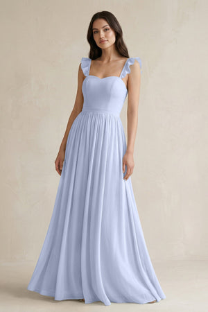 Ruffled Spaghetti Strap Chiffon A - Line Bridesmaid Dress in Ice - SHE IS ME Bridesmaid Dresses