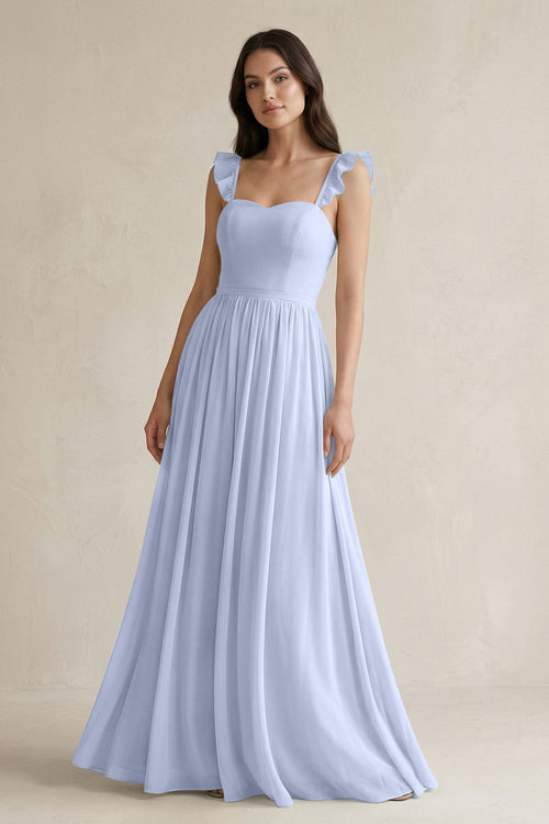 Ruffled Spaghetti Strap Chiffon A - Line Bridesmaid Dress in Ice - SHE IS ME Bridesmaid Dresses