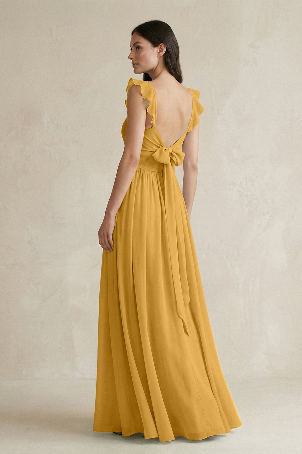 Ruffled Spaghetti Strap Chiffon A - Line Bridesmaid Dress in Marigold - SHE IS ME Bridesmaid Dresses