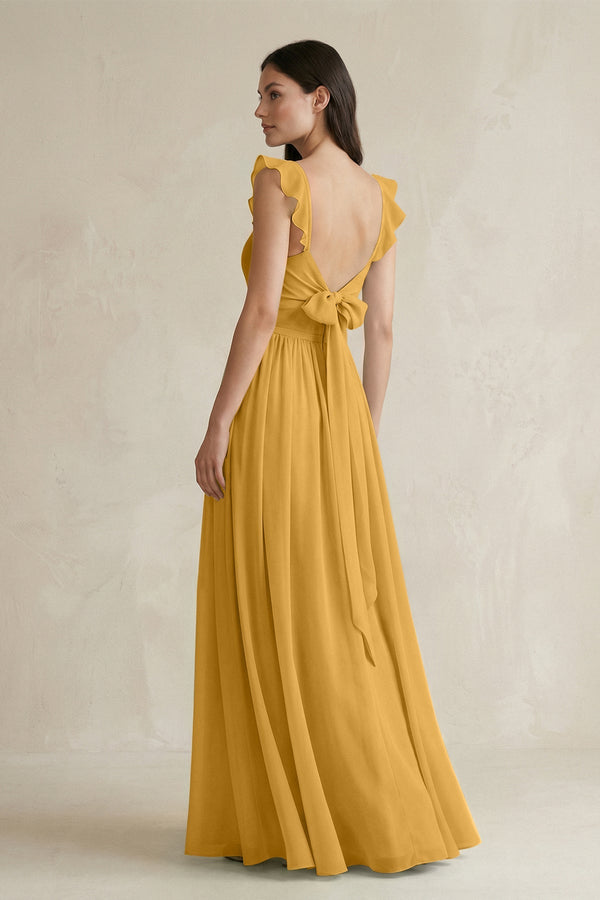 Ruffled Spaghetti Strap Chiffon A - Line Bridesmaid Dress in Marigold - SHE IS ME Bridesmaid Dresses