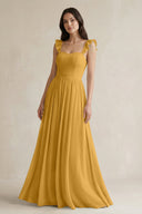 Ruffled Spaghetti Strap Chiffon A - Line Bridesmaid Dress in Marigold - SHE IS ME Bridesmaid Dresses