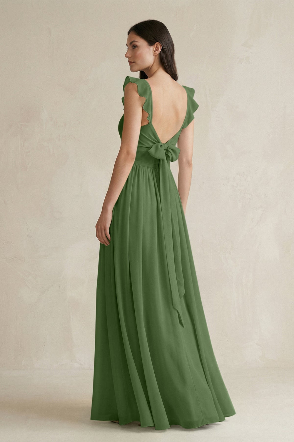 Ruffled Spaghetti Strap Chiffon A - Line Bridesmaid Dress in Moss - SHE IS ME Bridesmaid Dresses