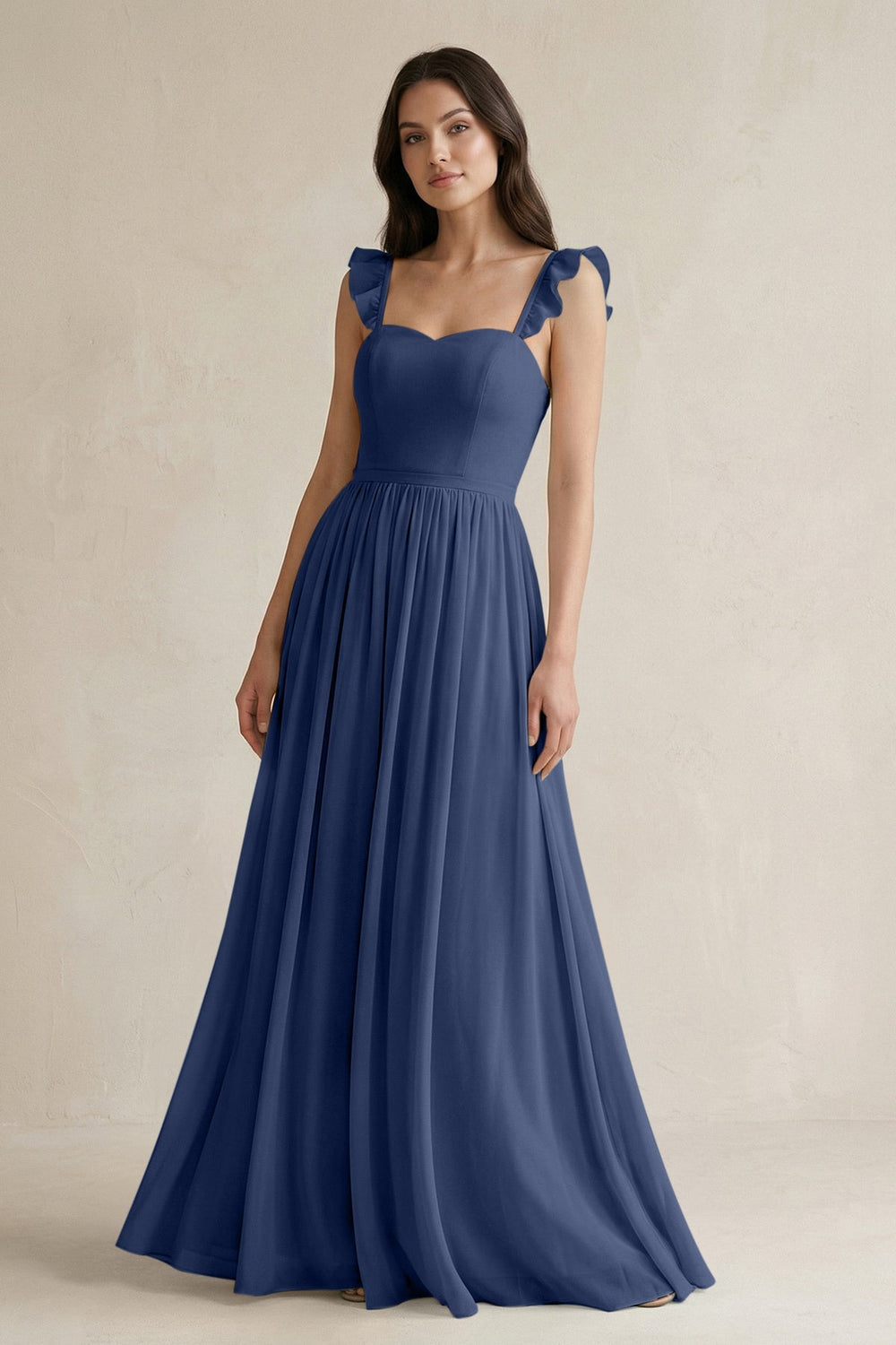 Ruffled Spaghetti Strap Chiffon A - Line Bridesmaid Dress in Navy - SHE IS ME Bridesmaid Dresses