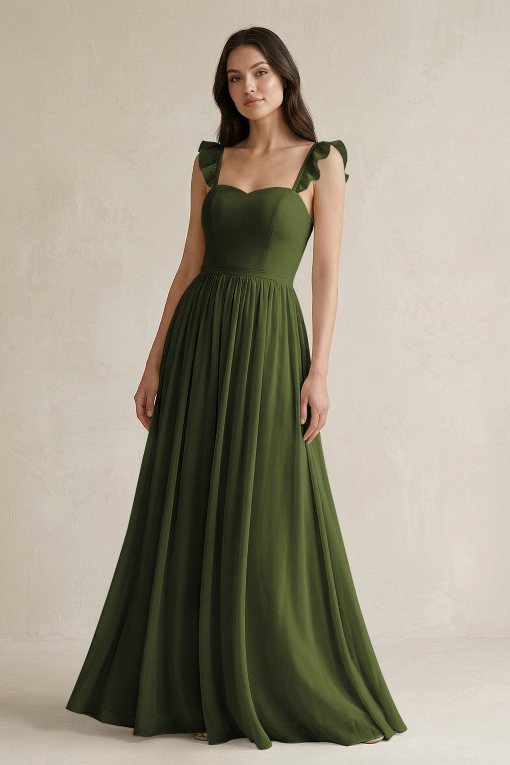 Ruffled Spaghetti Strap Chiffon A - Line Bridesmaid Dress in Olive - SHE IS ME Bridesmaid Dresses