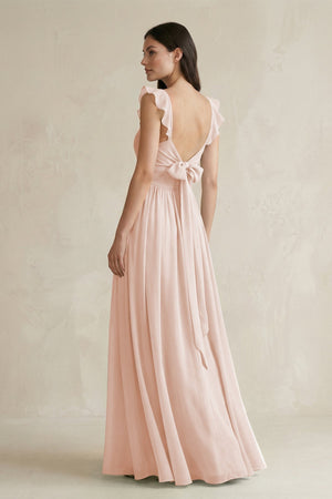 Ruffled Spaghetti Strap Chiffon A - Line Bridesmaid Dress in Pale Blush - SHE IS ME Bridesmaid Dresses