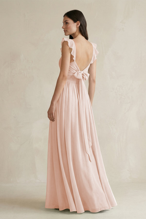 Ruffled Spaghetti Strap Chiffon A - Line Bridesmaid Dress in Pale Blush - SHE IS ME Bridesmaid Dresses