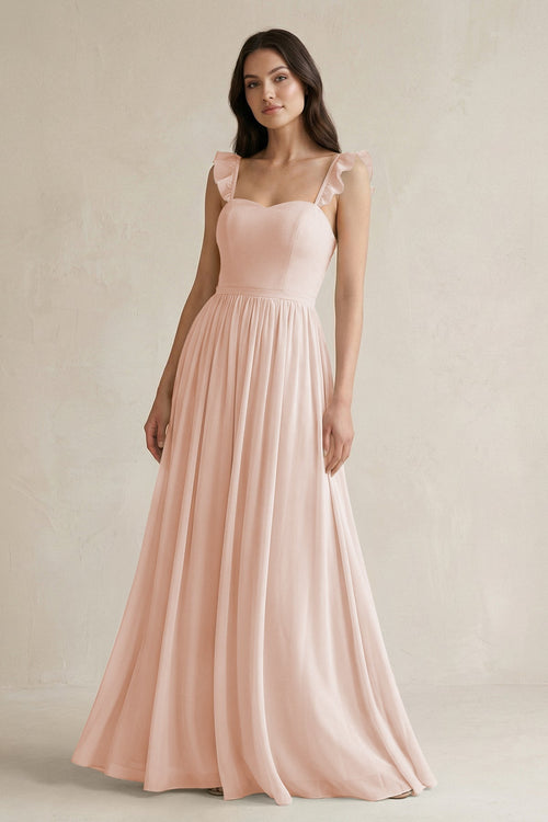 Ruffled Spaghetti Strap Chiffon A - Line Bridesmaid Dress in Pale Blush - SHE IS ME Bridesmaid Dresses