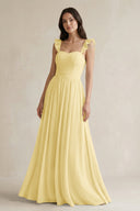 Ruffled Spaghetti Strap Chiffon A - Line Bridesmaid Dress in Pastel Yellow - SHE IS ME Bridesmaid Dresses