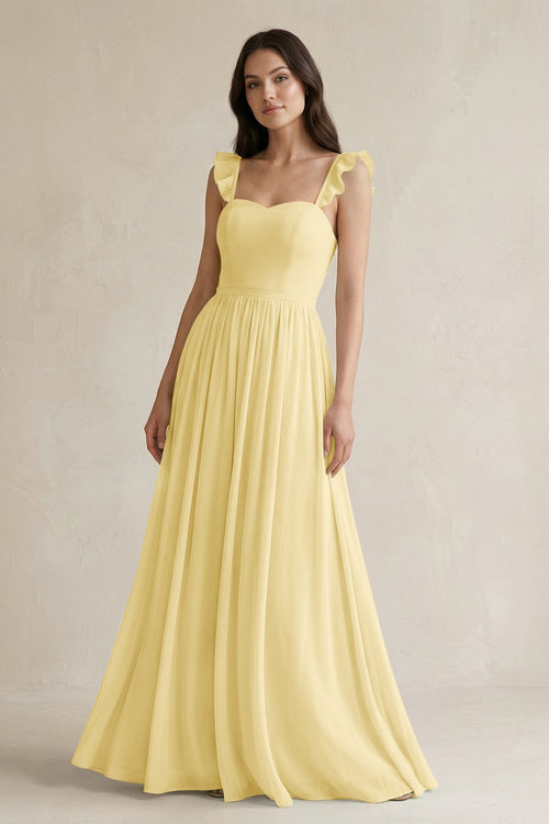 Ruffled Spaghetti Strap Chiffon A - Line Bridesmaid Dress in Pastel Yellow - SHE IS ME Bridesmaid Dresses