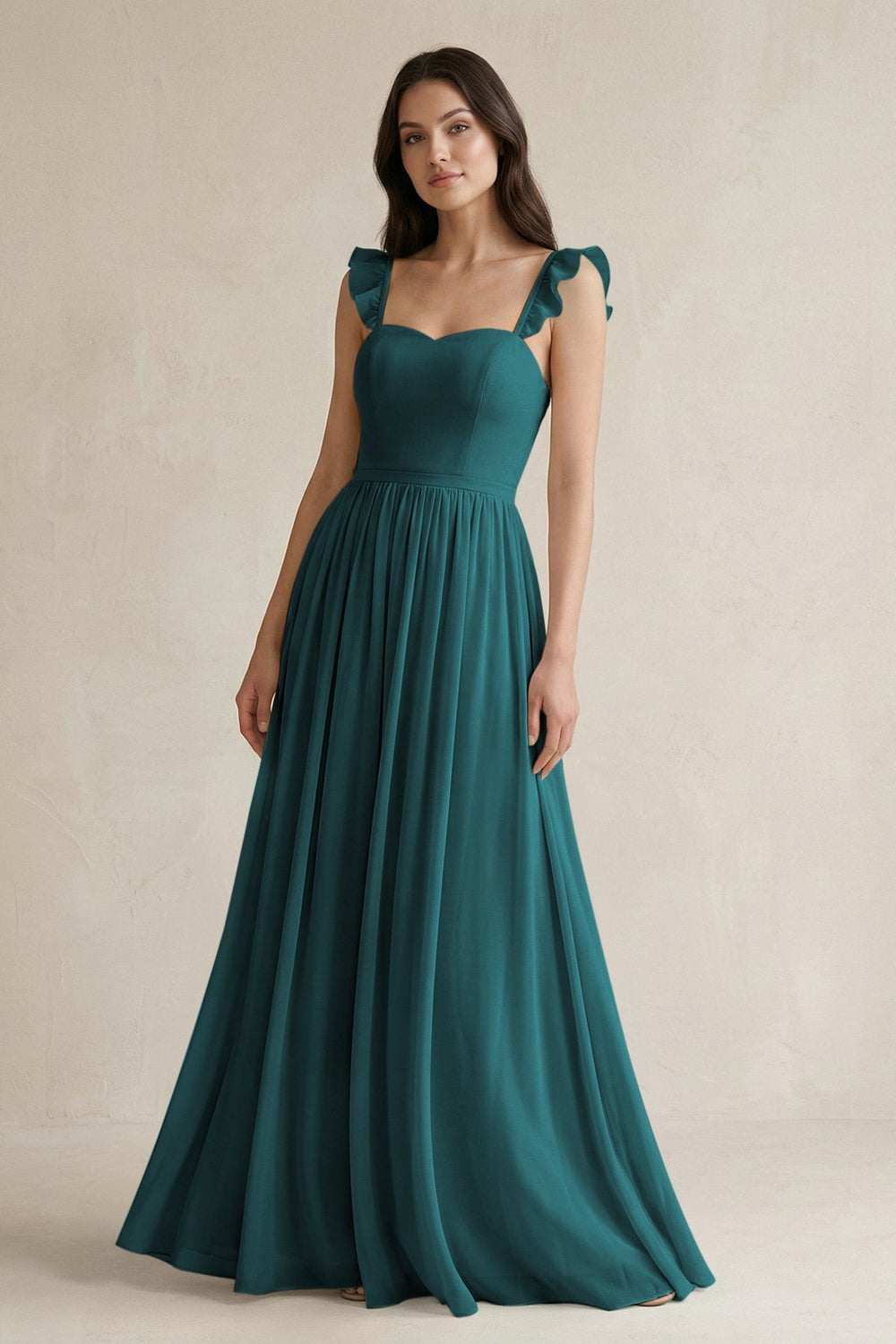 Ruffled Spaghetti Strap Chiffon A - Line Bridesmaid Dress in Pine - SHE IS ME Bridesmaid Dresses