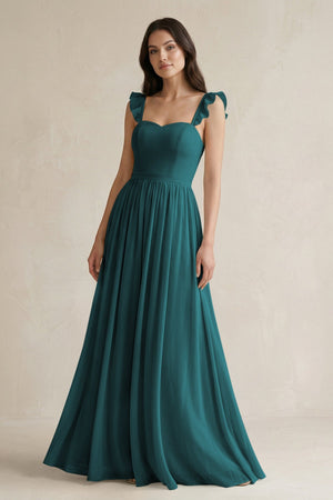 Ruffled Spaghetti Strap Chiffon A - Line Bridesmaid Dress in Pine - SHE IS ME Bridesmaid Dresses