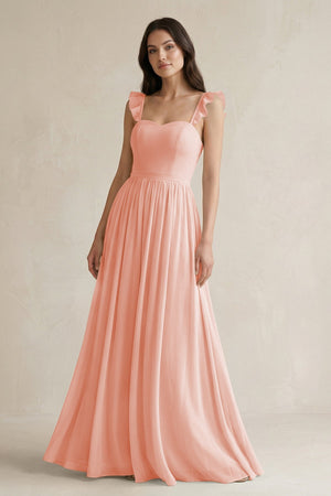 Ruffled Spaghetti Strap Chiffon A - Line Bridesmaid Dress in Rose Petal - SHE IS ME Bridesmaid Dresses