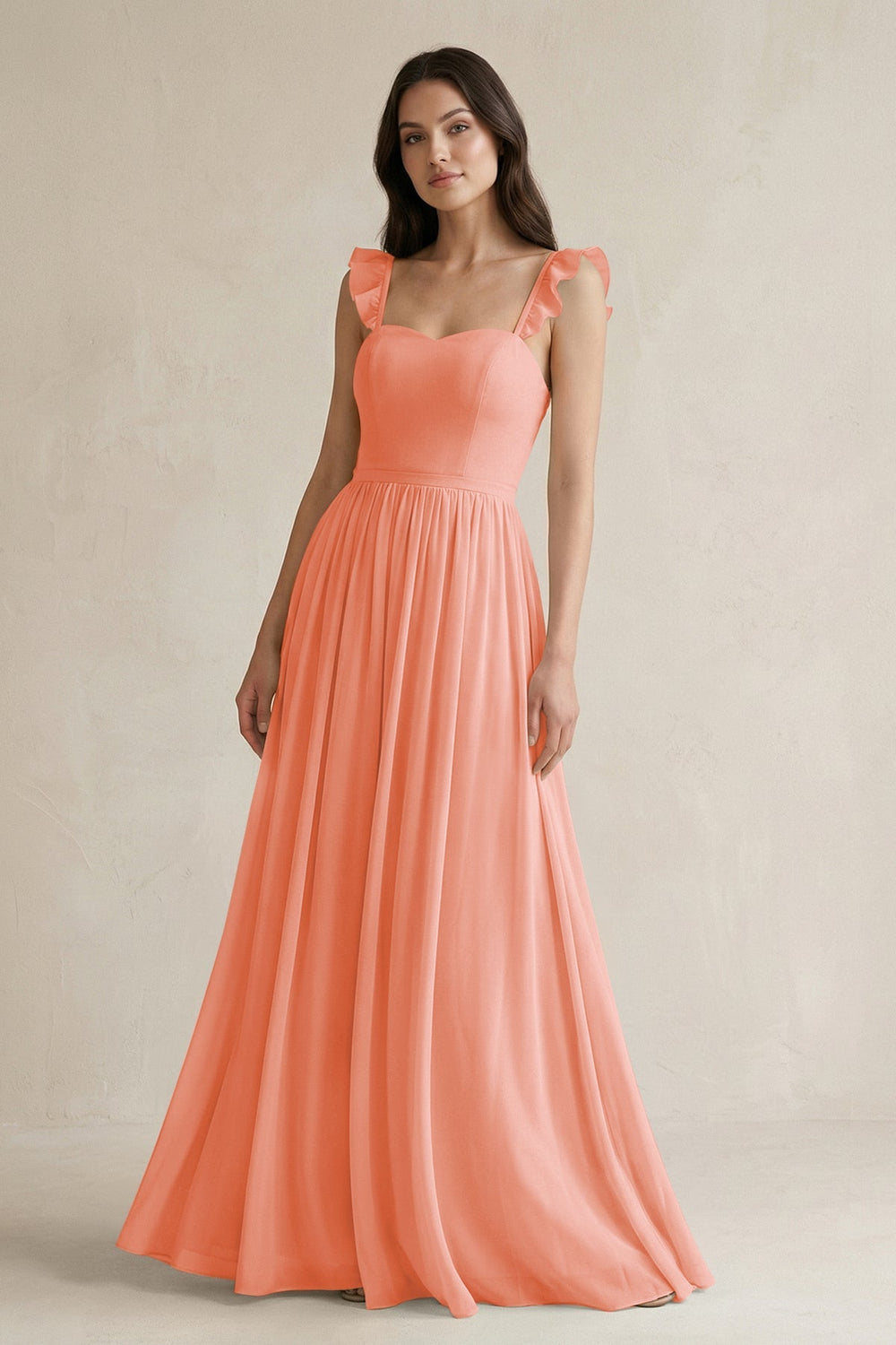 Ruffled Spaghetti Strap Chiffon A - Line Bridesmaid Dress in Rosette - SHE IS ME Bridesmaid Dresses