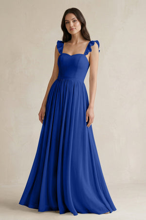Ruffled Spaghetti Strap Chiffon A - Line Bridesmaid Dress in Royal Blue - SHE IS ME Bridesmaid Dresses