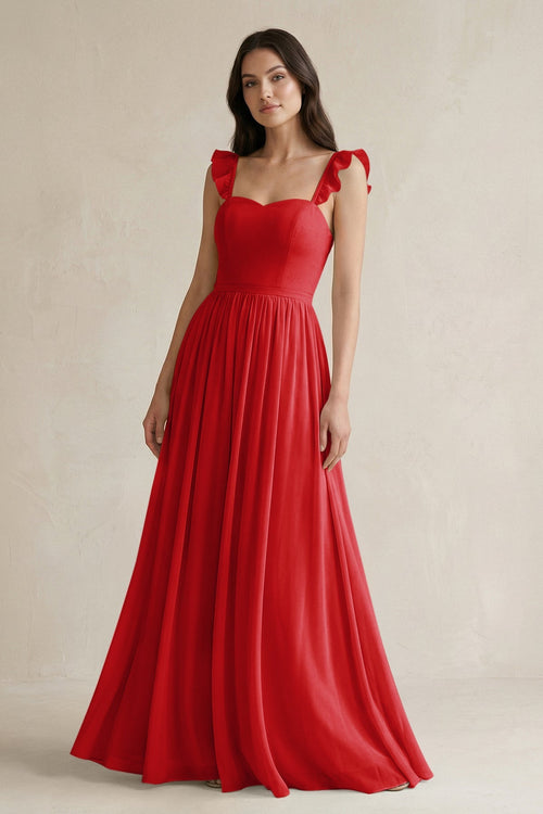 Ruffled Spaghetti Strap Chiffon A - Line Bridesmaid Dress in Ruby Red - SHE IS ME Bridesmaid Dresses