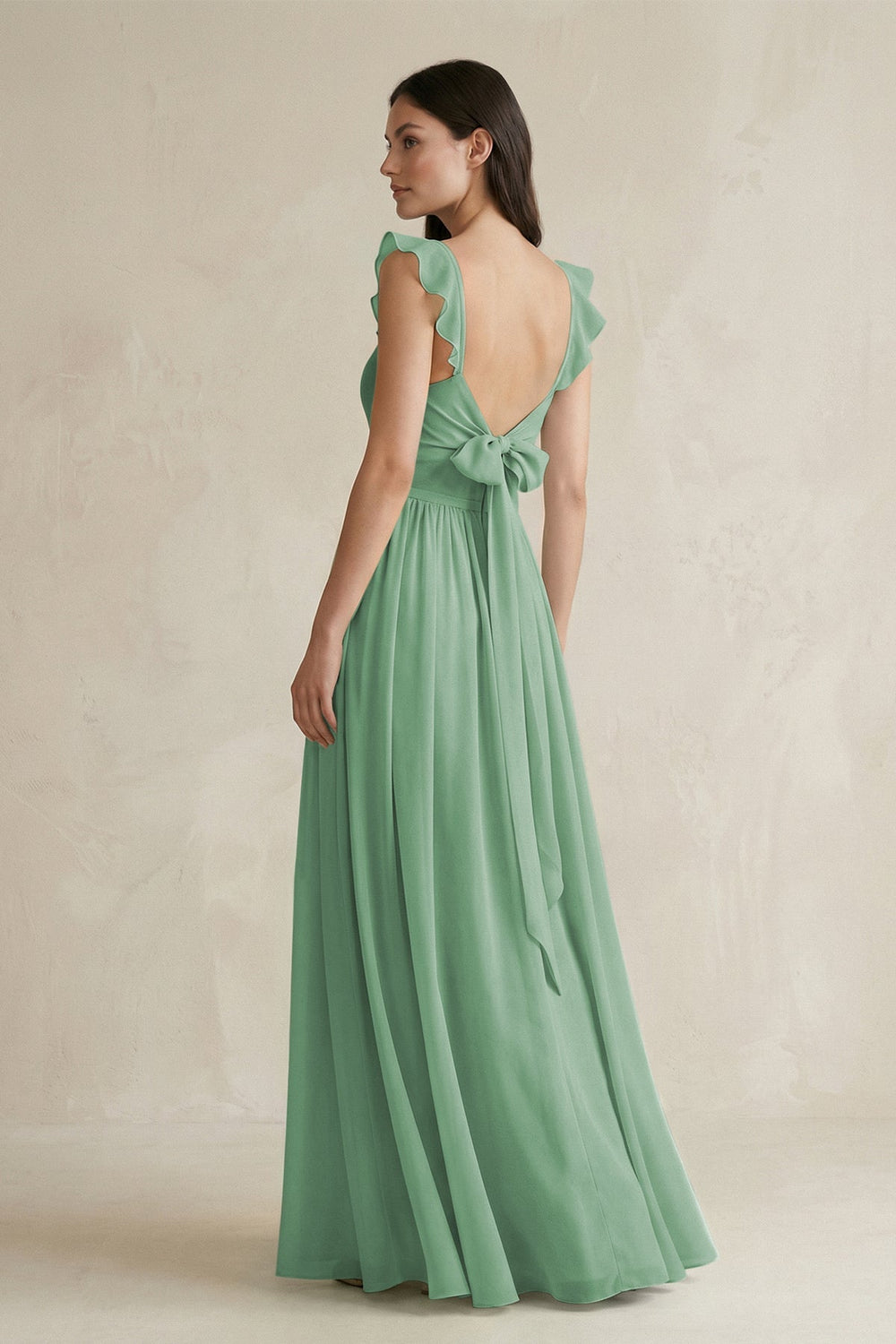 Ruffled Spaghetti Strap Chiffon A - Line Bridesmaid Dress in Sea Glass - SHE IS ME Bridesmaid Dresses