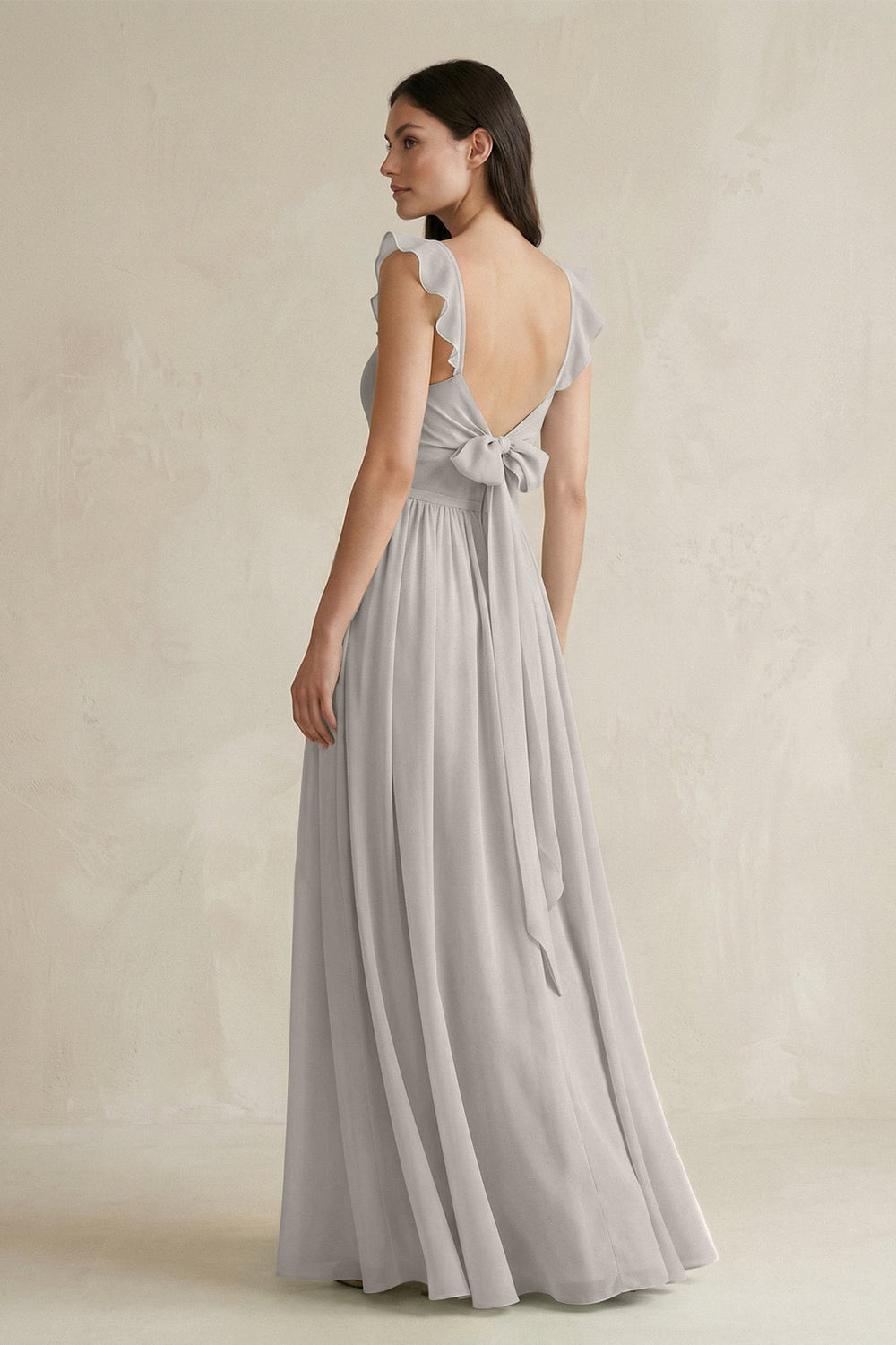 Ruffled Spaghetti Strap Chiffon A - Line Bridesmaid Dress in Silver - SHE IS ME Bridesmaid Dresses
