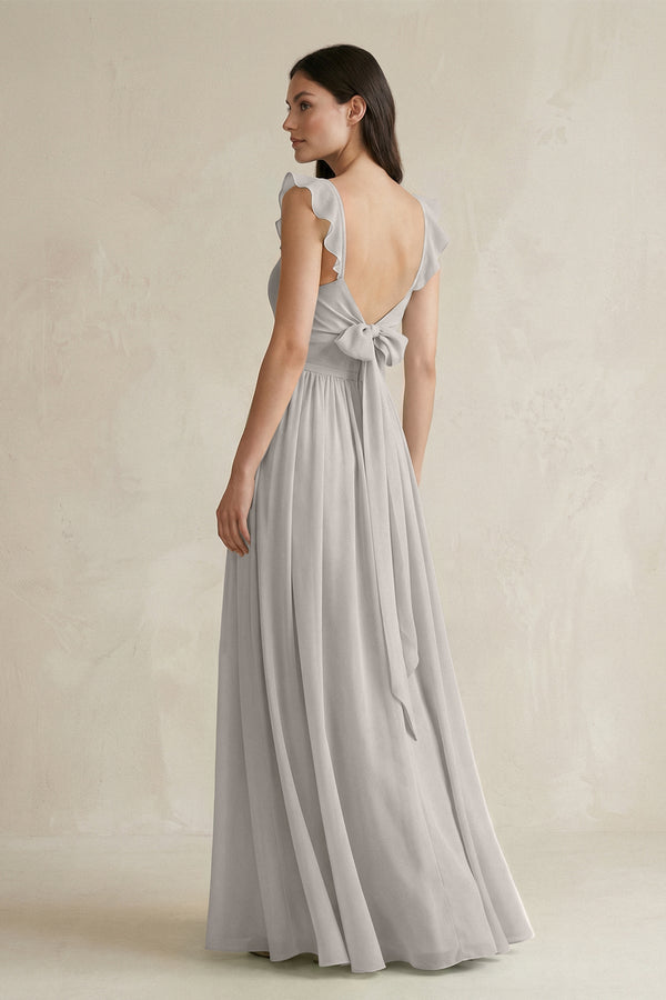 Ruffled Spaghetti Strap Chiffon A - Line Bridesmaid Dress in Silver - SHE IS ME Bridesmaid Dresses