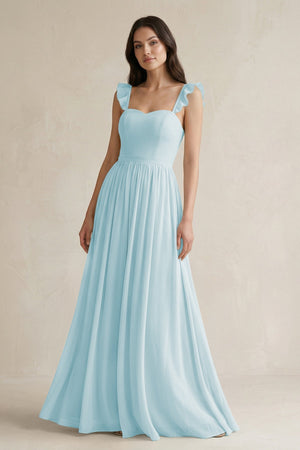 Ruffled Spaghetti Strap Chiffon A - Line Bridesmaid Dress in Sky Blue - SHE IS ME Bridesmaid Dresses