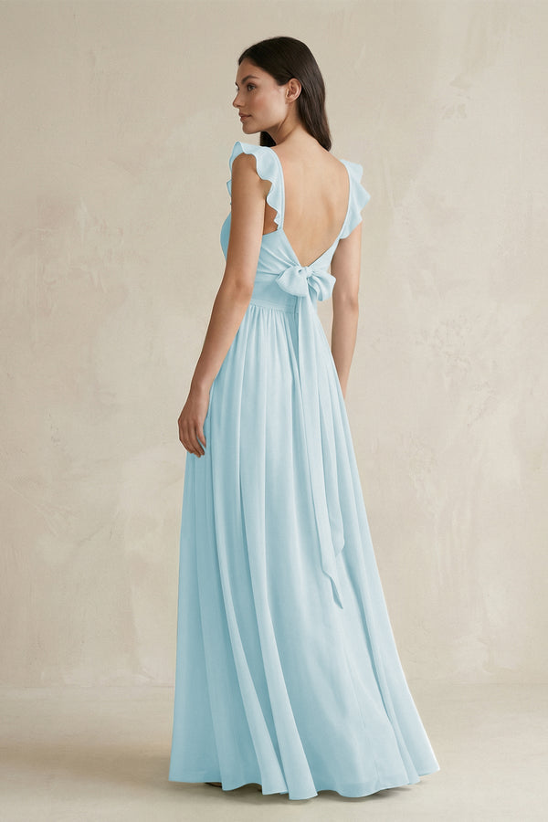 Ruffled Spaghetti Strap Chiffon A - Line Bridesmaid Dress in Sky Blue - SHE IS ME Bridesmaid Dresses