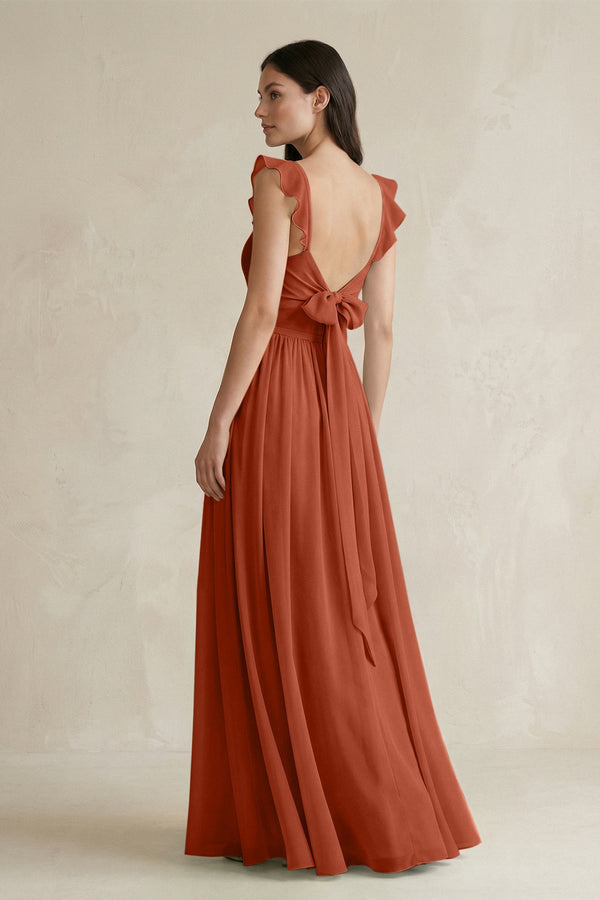 Ruffled Spaghetti Strap Chiffon A - Line Bridesmaid Dress in Spice - SHE IS ME Bridesmaid Dresses