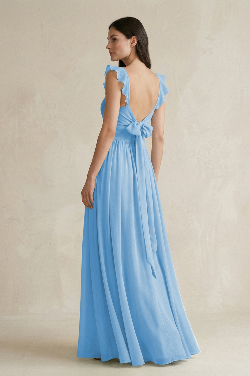 Ruffled Spaghetti Strap Chiffon A - Line Bridesmaid Dress in Steel Blue - SHE IS ME Bridesmaid Dresses