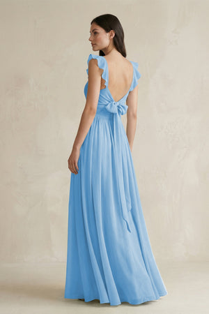 Ruffled Spaghetti Strap Chiffon A - Line Bridesmaid Dress in Steel Blue - SHE IS ME Bridesmaid Dresses